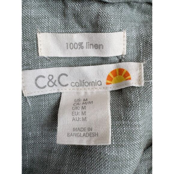 C&C Sage Green Midi Dress 100% Linen Button Front Belted Size M Classy Lagenlook - Picture 6 of 9